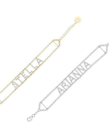 Bracciale morbido in argento personalizzabile con lettere o simboli con zirconi