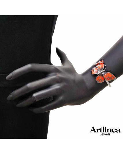 Bracciale rigido Farfalla in argento 925, rodiato con smalto eseguito a mano arancio e cubic zirconia